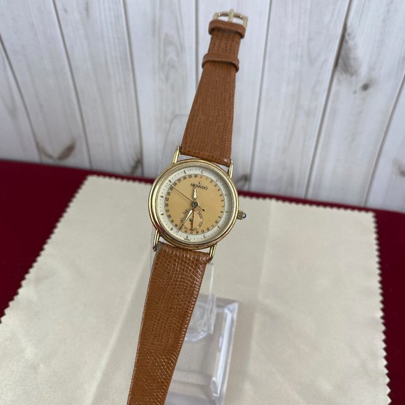Vintage Movado Gold Dot Watch 1970\'s 5 Hands 8 inch New Tan Leather Strap